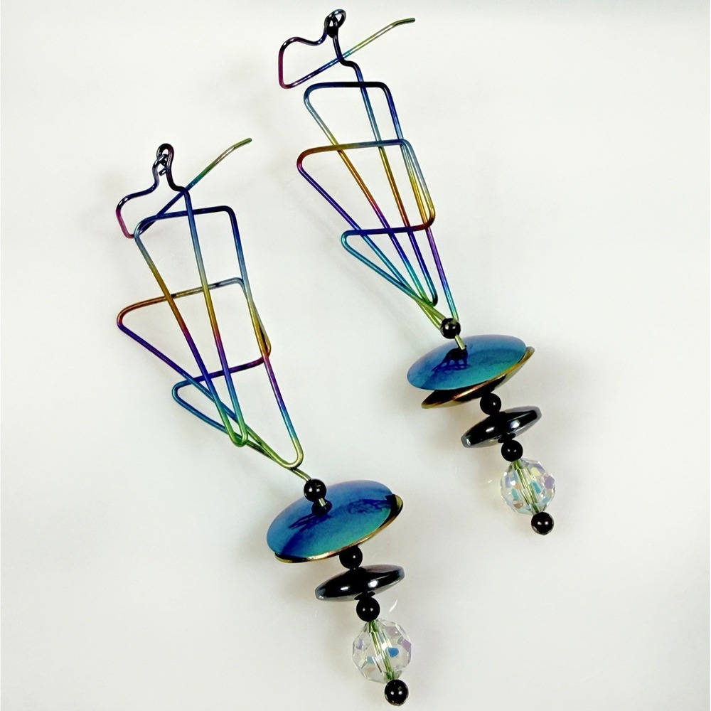 Vintage Anodized Earrings Rainbow Atomic 4" Dangle Drop Pierced Artisan